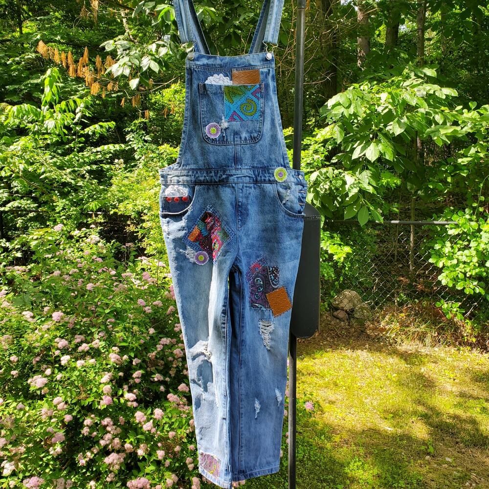 Refashioned Upcycled Patched and Distressed Boho‎ Overalls Handmade SzMed - Picture 3 of 13